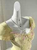 Daiiibabyyy  Yellow Floral Embroidery Ruffle Patchwork Heart Neck Waist Cinched Short Sleeve Top
