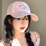 DAIIIBABYYY  -  Korean Pink Plaid Flower Splicing Baseball Cap Women's Spring and Summer Outdoor Versatile Sweet Sunshade Adjustable Sports Hat