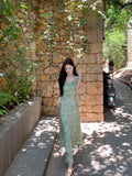 Daiiibabyyy  Green Floral Print Maxi Dress Summer Beach Vacation Essential Beautiful V-Neck Sleeveless High Waist A- Line Dress