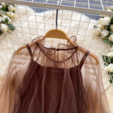 Daiiibabyyy  New Korean 2 Piece Sets See Through Ruffled Cropped Blouse + Sexy Solid Vest Suit Roupas Femme Fashion Solid Color Y2k Outfits