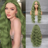 Daiiibabyyy  Green Long Wavy Synthetic Wig with Middle Part, Natural Scalp, Breathable Rose Net for Daily Wear, Cosplay, and Party Looks