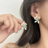 Daiiibabyyy  Tibetan Silver Gold Plated Enamel Flower Plant Stud Earring for Women Cute Fashion Jewelry Light Luxury Accessories