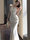 Daiiibabyyy Summer New Satin Halter Midi Dresses for Women Slim Mermaid Sexy Bodycon Evening Party Dress Sleeveless Prom Robe Vestidos Mujer