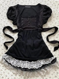 Daiiibabyyy  French Retro Vintage Sweet Cool Lace Black Bubble Sleeves Straps Slimming Short Sleeved Top T-shirt Ins