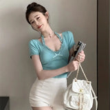 DAIIIBABYYY  -  Lace Ruffles Halter Top Tee Female Summer 2025 New Trend Fashionable Solid Color V-neck Short Sleeve T-Shirts Women's Sweet Tops