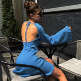 Daiiibabyyy Women's Knitted Backless Lace Up Mini Dress Long Flare Sleeve High Waist Elegant Party Dresses Casual Streetwear Autumn 2024