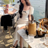 Daiiibabyyy  Aura French Style Square Collar Bow Midi Dress Summer Puff Sleeve Women's Clothing Stylish Jacquard Weave A-Line Lace Dresses