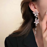 Daiiibabyyy  Fashion Crystal Flower Tassel Drop Earrings for Women Girls Exquisite Zircon Pink Petal Long Earrings Wedding Jewelry Gifts