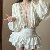 DAIIIBABYYY  -  French Pure Sexy Suit Women's Spring Lace Long-sleeved Shirt High Waist A-line Short Skirt Two-piece Set Fashion Female Clothes