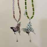 DAIIIBABYYY  -  Hot Girl Butterfly Tassel Pendant Necklace Women's Retro Maillard Handmade Beaded Clavicle Chain
