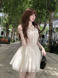 Daiiibabyyy  Summer French Elegant Sweet Princess Dress Women's Short-sleeve Round Neck Lace Bow Mini Party Dress Chic Fashionable Clothing