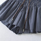 Daiiibabyyy  Korean Women's Casual Shorts With Elastic Waist And Drawstring Pleated Plaid A-line Wide-leg Hot Pants For Trendy Girls EHL7