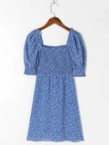Daiiibabyyy  Retro French Style Blue Floral Print Square Collar Dress Puff Sleeve Elastic Ruched Chest Woman Dresses Holiday Robe Female