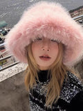 Daiiibabyyy  Ins Bright Yellow Imitation Mink Fur Bucket Hats Women Winter Fluffy Plush Basin Caps Female Advanced Warm Sun Panama Korea New