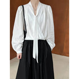 DAIIIBABYYY  -  Autumn New Ribbon Hanging Neck Shirt for Women, Korean Style Slimming and Elegant Top