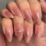 Daiiibabyyy  White Glitter Powder Bowknot Long Pointed Fake Nails Art Ballet False Nail Cow Print Pearl Rhinestone Pink Almond Press on Nails