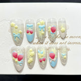 Daiiibabyyy  10pcs Cat's Eye False Nails Tips with Flower Design Long Almond Fake Nail Strawberry Bow Pattern Press on Nails French Manicure