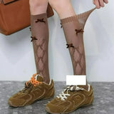 Daiiibabyyy  Japanese Sweet Lace Mesh Stockings for Women Summer Breathable Hollow Out Bowknot Elastic Long Tube Socks Girls Knee High Socks