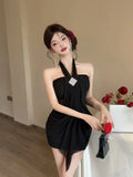 Daiiibabyyy  Pure and Unique Halter Neck Strapless Dress Nightclub Mesh Makes You Look Thin