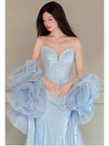 Daiiibabyyy  Luxury Blue Evening Dresses for Women Beaded Wedding Guest Mermaid Sweep Train Celebrity Dress Sequin Crystal vestidos de gala