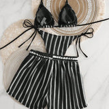 Daiiibabyyy  Stripe Mesh Three-piece Set Bikini Set Fashion Multiple Styles Multi-Color For Women's Sexy Backless Strap Triangle Cup Swimwear