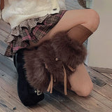 Daiiibabyyy  Faux Rabbit Fur Leg Warmers Winter Thickened Plush Bow Tie Plush Leggings Cold Protective Leggings Boot Cover Y2k Punk Socks