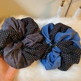 Daiiibabyyy  1pc Retro Denim Polka Dot Double-Loop Hair Scrunchie - Stylish INS Trend, Unique Vibe, Ideal for Ponytails, New-Arrival Hair Acc