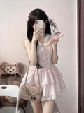 DAIIIBABYYY  -  French Sweet Girl Pink Lace Splicing Navy Collar Puff Dress Female Students New Waist Concealing Princess Short Dresses