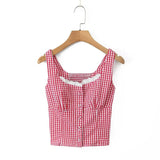 DAIIIBABYYY  -  Street Style Cotton Blend Lace Patchwork Black White Grid Sleeveless Top with Elastic Waist Flower Bud Shorts Women's Set