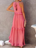 Daiiibabyyy Solid Casual Long Dress Women Summer Female Ruffle Pullover Beach Dresses Ladies Elegant Sleeveless Hollow Tie-Up Party Dress