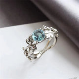 Daiiibabyyy  -  Creative Crystal Aquamarine Leaf Branch Ring for Women Fashion Design Zircon Hollowed Silver Finger Rings Jewelry Wholesale