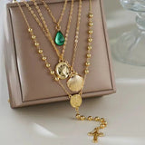 Daiiibabyyy  3pcs Bohemian Cross Waterdrop Shell Pendant Y-Necklace Layering Jewelry for Holiday Party Matching Accessory