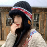 Daiiibabyyy  Japanese Ethnic Style Jacquard Knitted Ear Protection Beanie Cap for Men and Women Winter Warm Versatile Lace-up Bomber Hats