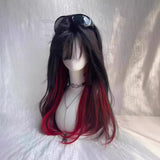 DAIIIBABYYY  -  Black Red Highlight Princess Cut Long Straight Wig Women's Highlight Gothic Simulation Wig Full Headset Fiber Glass Lace Wig