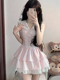 DAIIIBABYYY  -  Sweet Slim Pink Dress Women Cute Preppy Style Sailor Collar Mini Dress Casual Retro Japan Lace Patchwork Kawaii Cake Dress