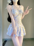 Daiiibabyyy  Princess Style Floral Lace Off-Shoulder Chiffon Dress Women's Summer Sleeveless Waist-Cinched Full Skirt Casual A-Line Dress