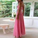 Daiiibabyyy  Fashion Lady V-neck Robe Dress Simple Solid Color Hollow Backless Women's Dress New Summer Casual Sleeveless Pleated Long Dress