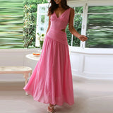 Daiiibabyyy  Fashion Lady V-neck Robe Dress Simple Solid Color Hollow Backless Women's Dress New Summer Casual Sleeveless Pleated Long Dress