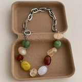 Daiiibabyyy  Creative Contrast Color Oval Round Geometric Natural Stone Strand Irregular Pendant Necklaces Women Silver Chain Chokers