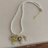 Daiiibabyyy  Cute Candy Color Rhinestones Acrylic Cartoon Horse Pendant Necklaces for Women Simulated Pearl Strand Sweater Chain Choker