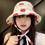 DAIIIBABYYY  -  Y2K Cute Apple Print Bucket Hats for Women Spring and Summer New Korean Outdoor Leisure Sunscreen Versatile Strap Sun Hat