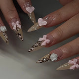 Daiiibabyyy  3D Bowknot Pearl Wearable Nail Art Fashion Leopard French Nude Almond Fake Nails Detachable Finished False Nails Press on Nails