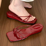 DAIIIBABYYY  -  2024 Red Brown Summer New Brand Women Slipper Fashion Low Weadge Heel Sandal Narrow Band Outdoor Vaction Beach Slides Shoes