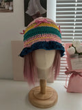 Daiiibabyyy  -  Spring Summer Hand Hook Cotton Knitted Bow Striped Bucket Hat Contrasting Color Women Sweet Cute Knitted Sun Basin Hat
