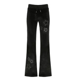 Daiiibabyyy  Women's Low Waist Pants Black Slight Flare Trousers Star Embellished Velvet Pants Drawstring Waist Wide Leg Flared Pants
