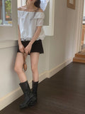 DAIIIBABYYY  -  2025 Korean Chic Summer New Style Romantic Texture Temperament Off Shoulder Ruffle Edge Short Sleeved Shirt Top