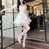 Daiiibabyyy  Summer French Style Square Collar Mini Dress Fashion Gauze Lace Spliced Female Clothing Elegant Puff Sleeve Ball Gown Dresses