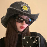 DAIIIBABYYY  -  New Cute Star Sticker Western Cowboy Caps for Women Summer Retro Versatile Outdoor Mountaineering Shade Bucket Hats Men