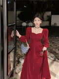 Daiiibabyyy  Vintage Elegant Velvet Long Dress for Woman Autumn New Square Collar Puff Sleeves A Line Party Dresses Party Evening Vestidos