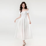 Daiiibabyyy  New Summer French Elegant Sexy Slash Neck Simple Summer Dress Women's Slim Waist Fuff Short Sleeve Solid Long Evening Dress